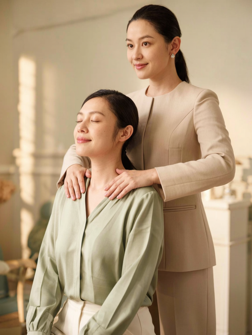 Therapist's hands resting gently over a client's upper chest and shoulders during breath work
