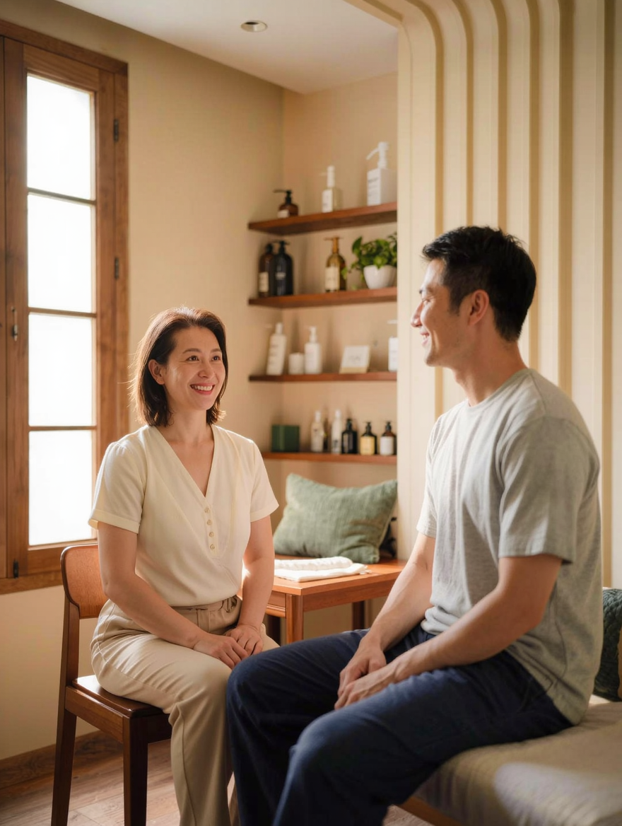 A therapist seated with a client during a quiet consultation