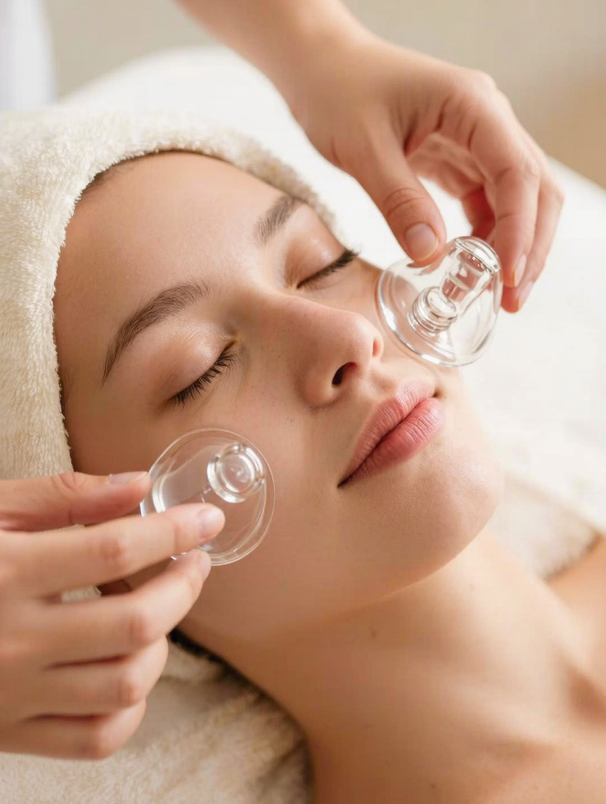 Glass facial cups gliding across a client's cheek and jaw
