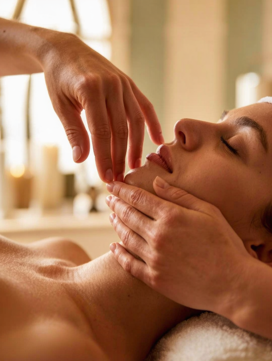 Therapist's hands working along a client's jaw