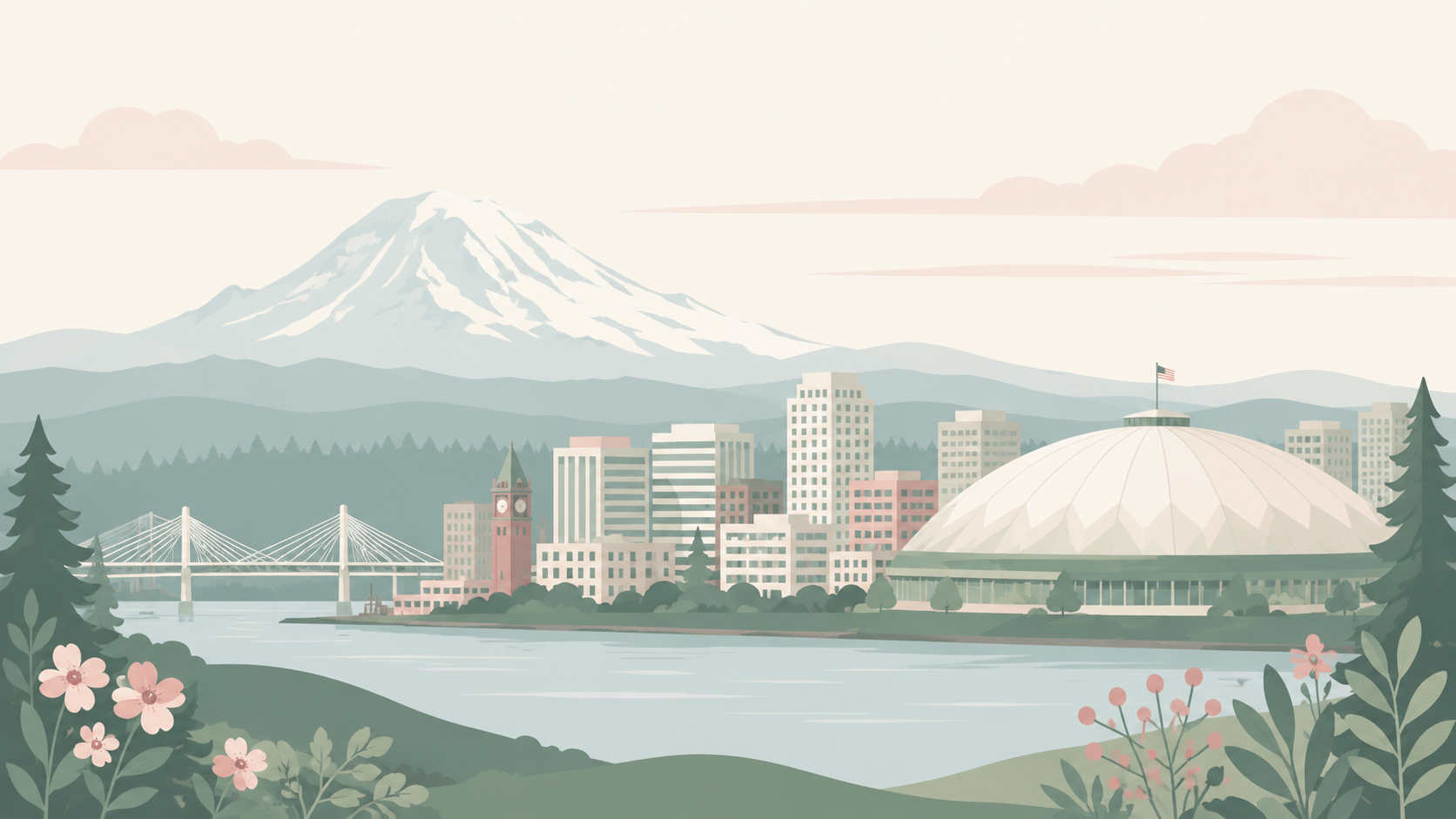 Illustration of the Tacoma, Washington skyline with Mount Rainier